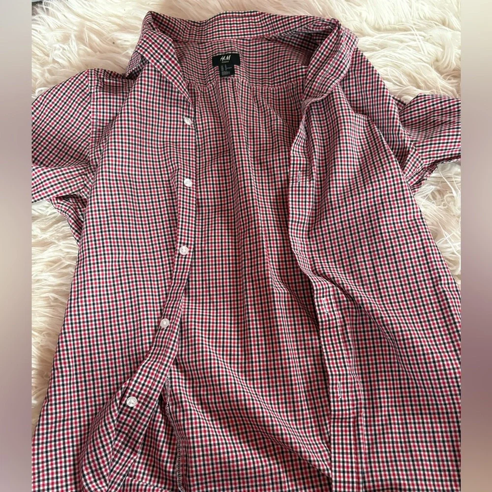 H&M Slimfit Easy Iron Micro Plaid Long Sleeve Button Down Shirt - Picture 3 of 6